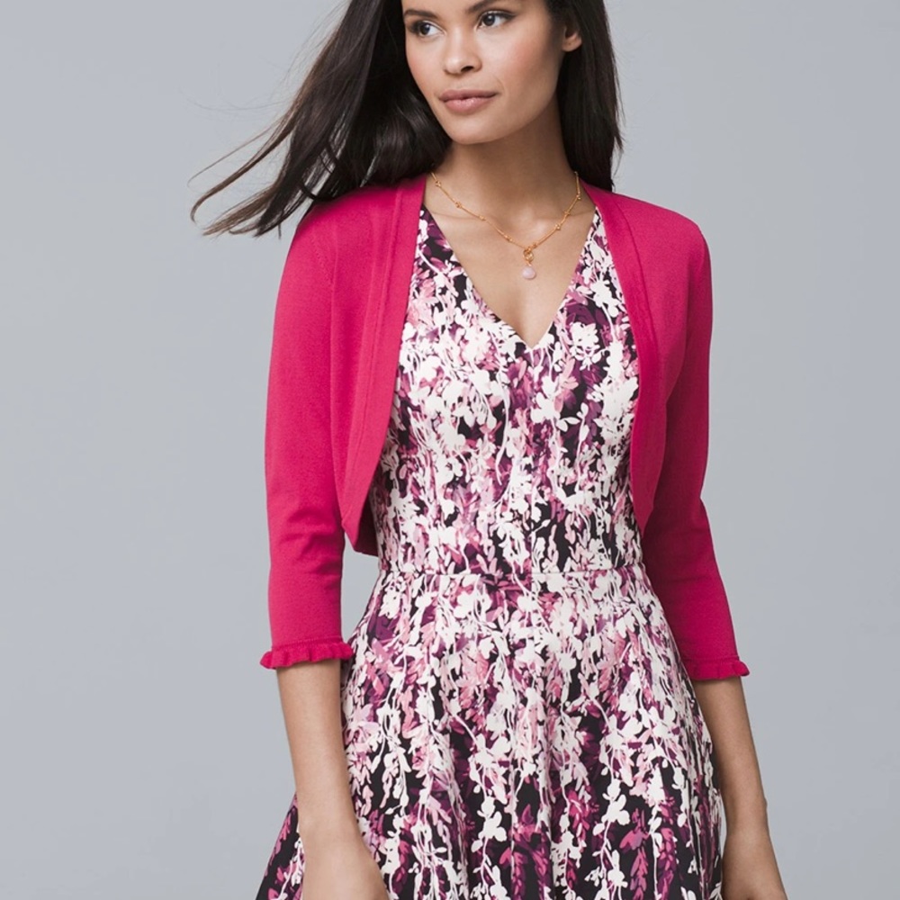 WHBM pink ruffle trim shrug